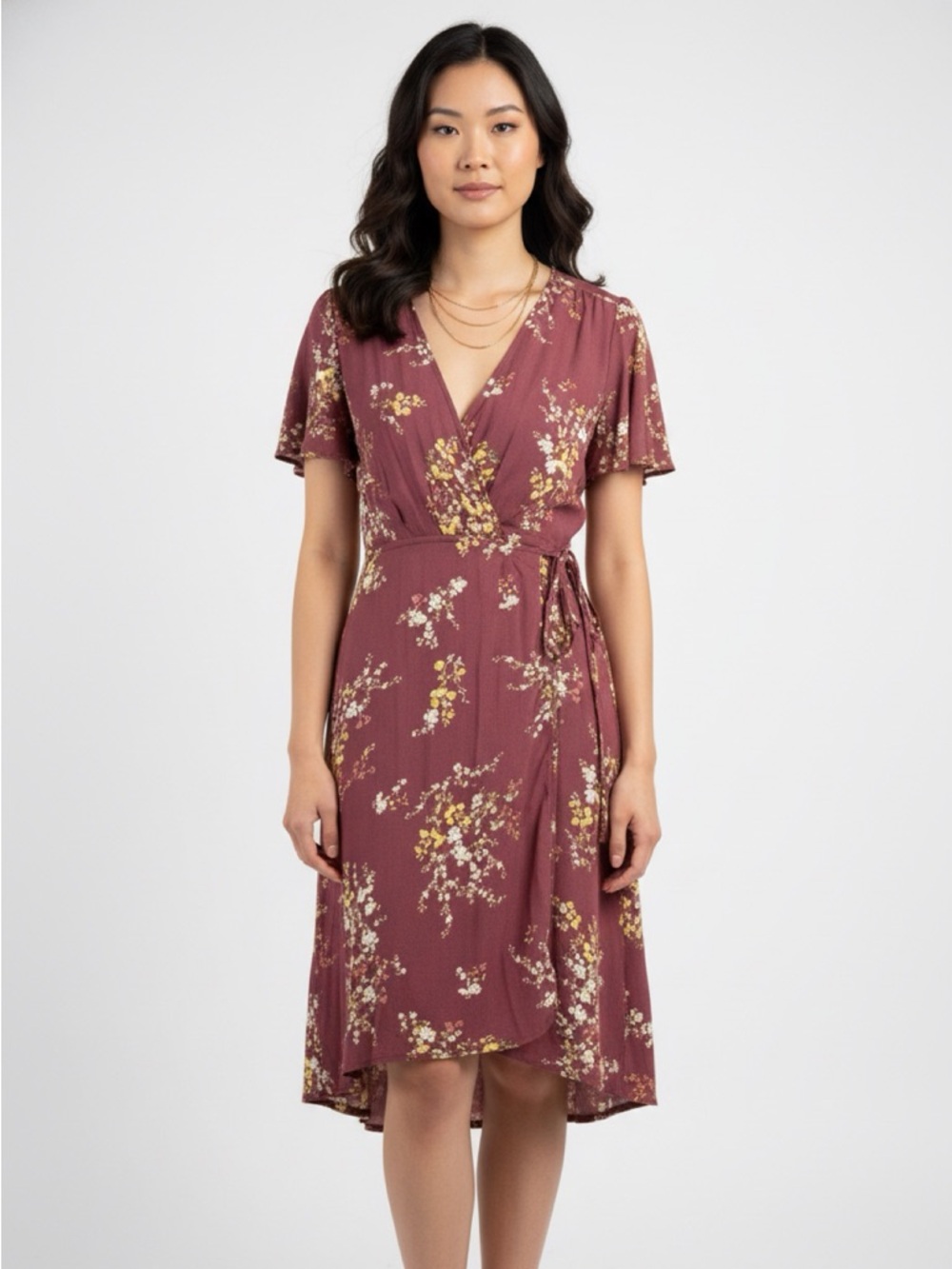 Kaitlyn Dusty Rose Floral Wrap Midi Dress
